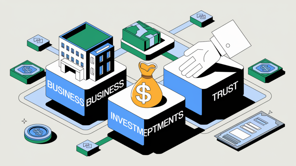 A block illustration showing the three components of the trifecta strategy as interconnected blocks, symbolizing the integration of business, investments, and trust for financial success.