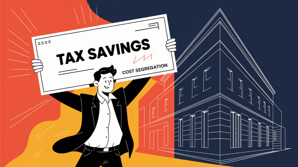 An advertising illustration of a joyful taxpayer holding a large check symbolizing "Tax Savings" achieved through cost segregation.