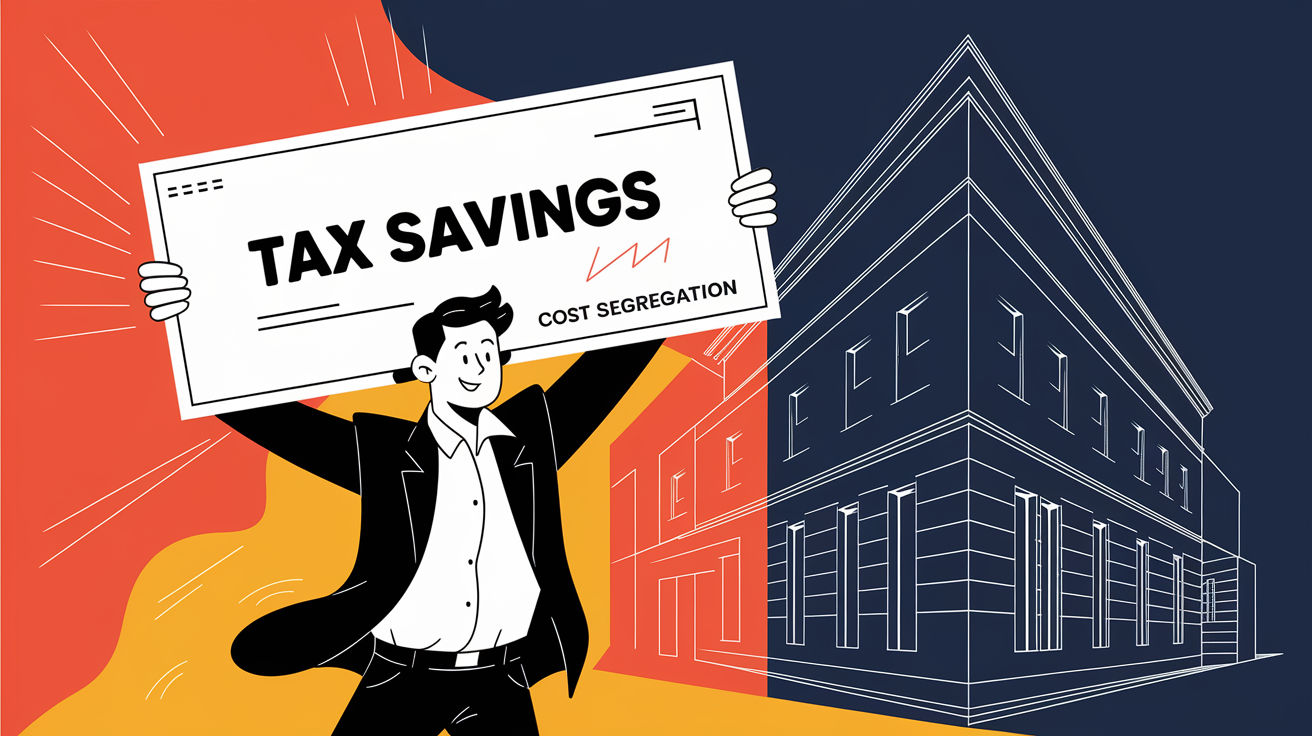 An advertising illustration of a joyful taxpayer holding a large check symbolizing "Tax Savings" achieved through cost segregation.