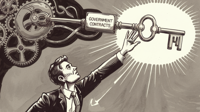 A small business owner reaching for a key labeled "Government Contracts."