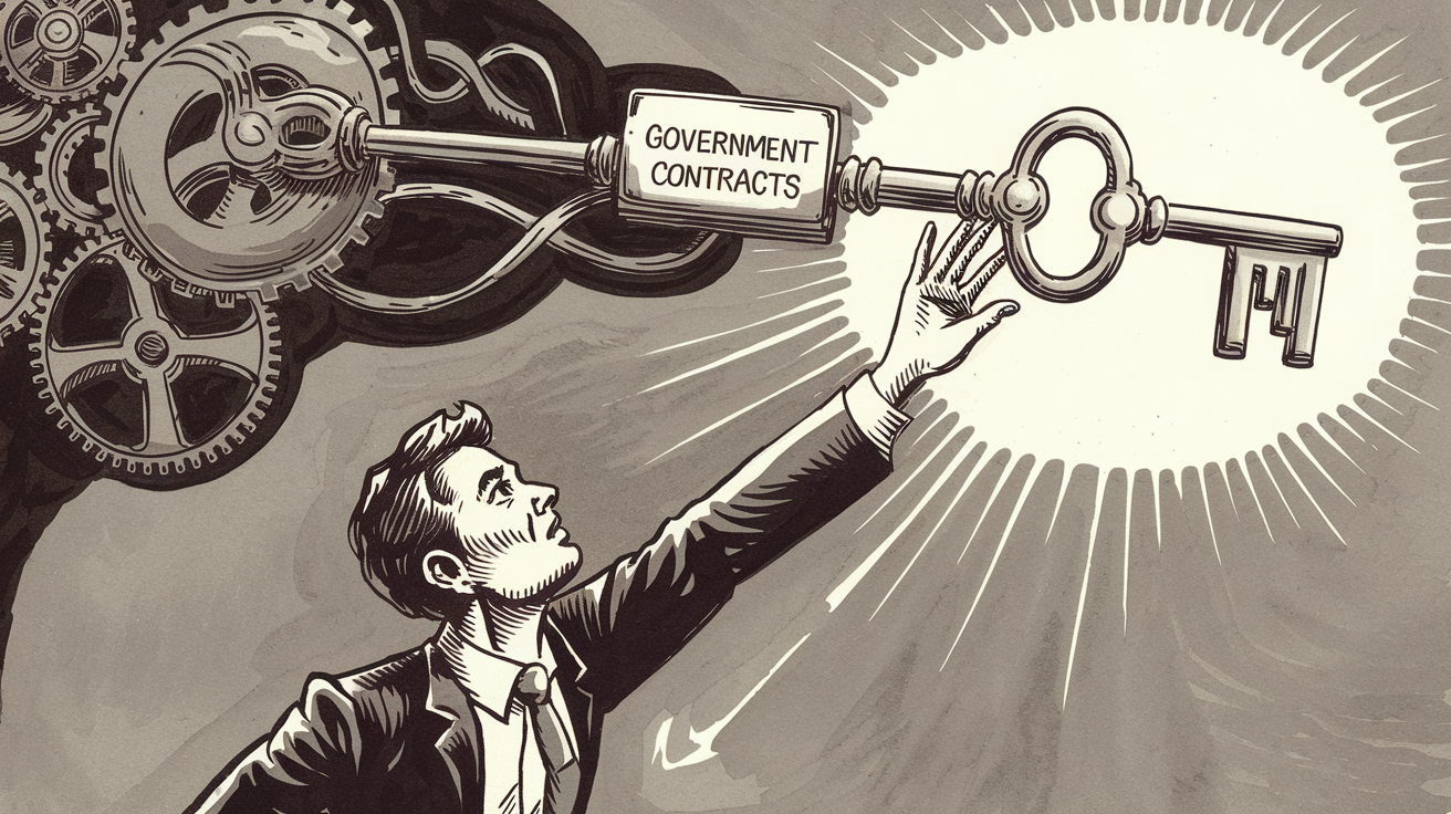 A small business owner reaching for a key labeled "Government Contracts."