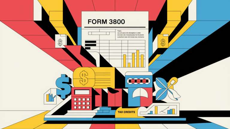 Flat design illustration of a computer screen displaying Form 3800 with interactive elements and tooltips, highlighting the keyword "Business Taxes."