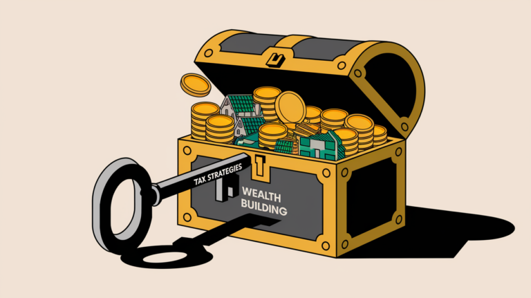 A key labeled "Tax Strategies" unlocking a treasure chest filled with wealth.