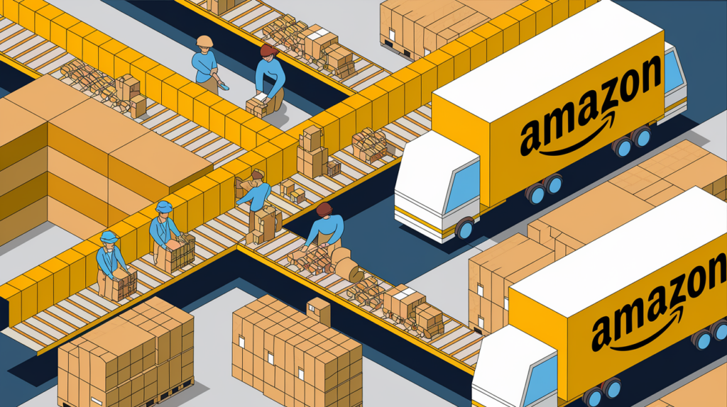 A block illustration of an Amazon fulfillment center with packages, workers, and trucks, highlighting the keyword "Fulfillment."