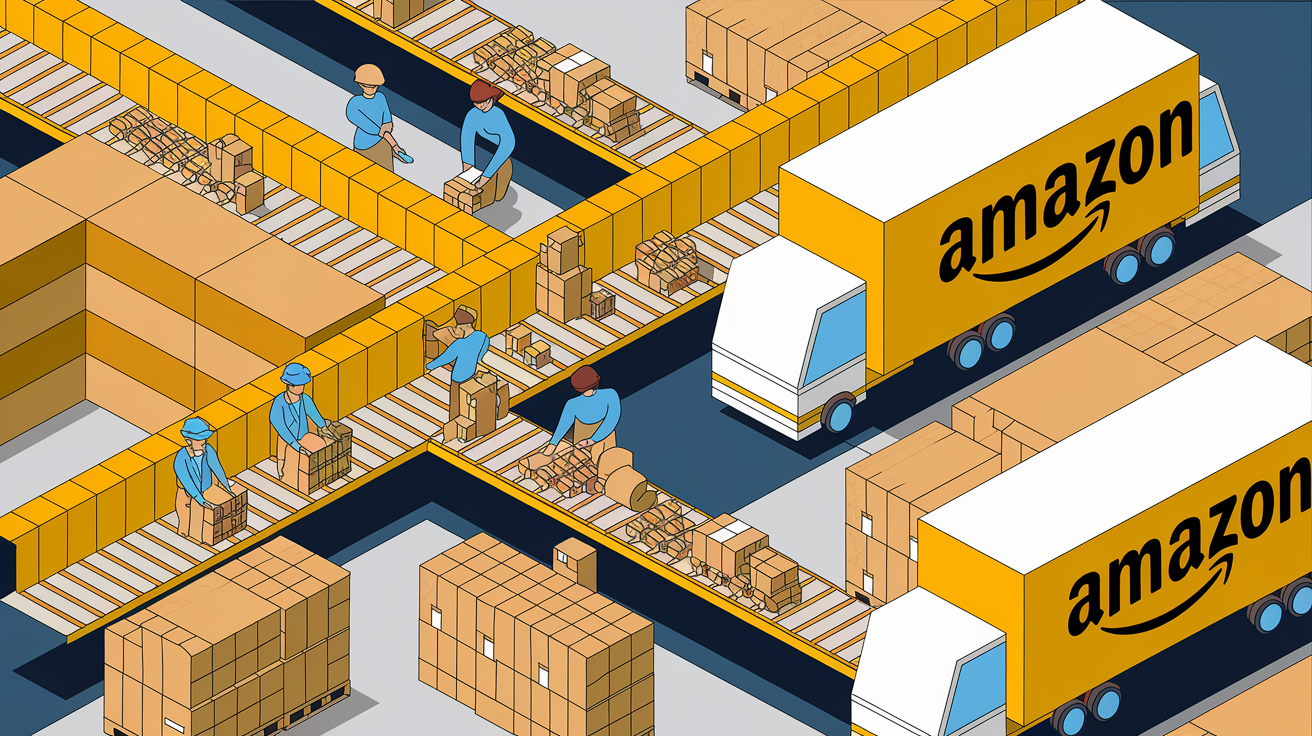 A block illustration of an Amazon fulfillment center with packages, workers, and trucks, highlighting the keyword "Fulfillment."
