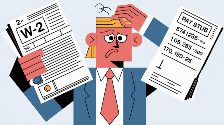 A confused taxpayer comparing a W-2 and pay stub with different numbers.