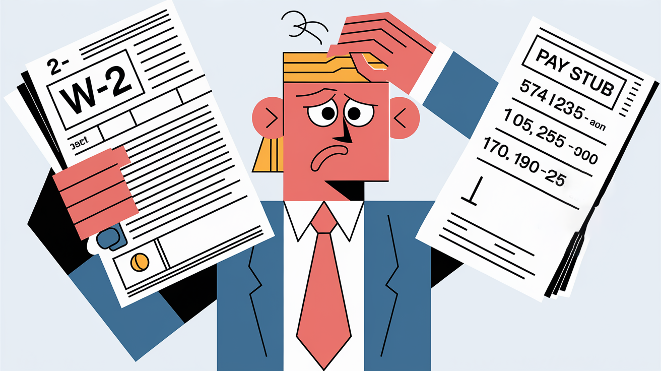 A confused taxpayer comparing a W-2 and pay stub with different numbers.