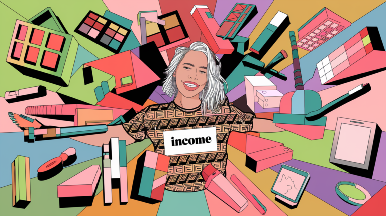 A vibrant block illustration showing an influencer surrounded by various freebie items, with the word "INCOME" subtly incorporated into the design.