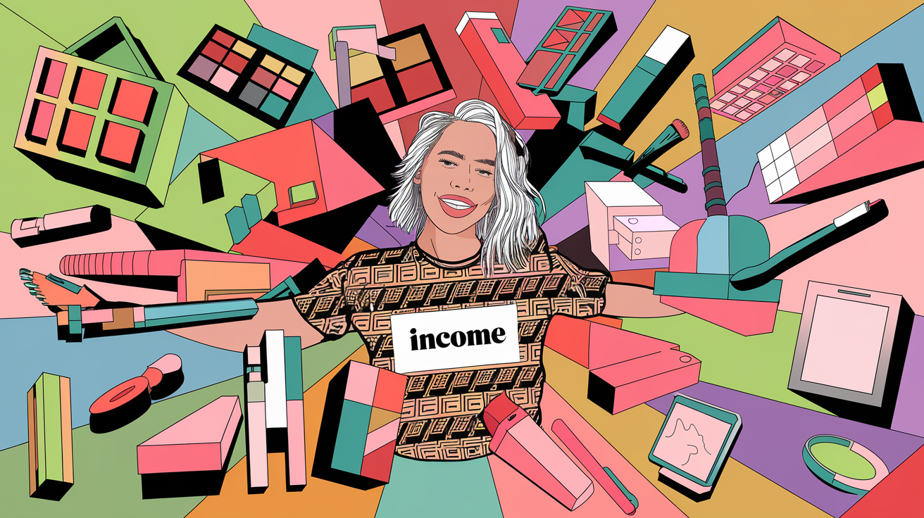 A vibrant block illustration showing an influencer surrounded by various freebie items, with the word "INCOME" subtly incorporated into the design.