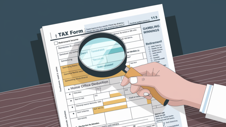 A hand holding a magnifying glass over a tax form.