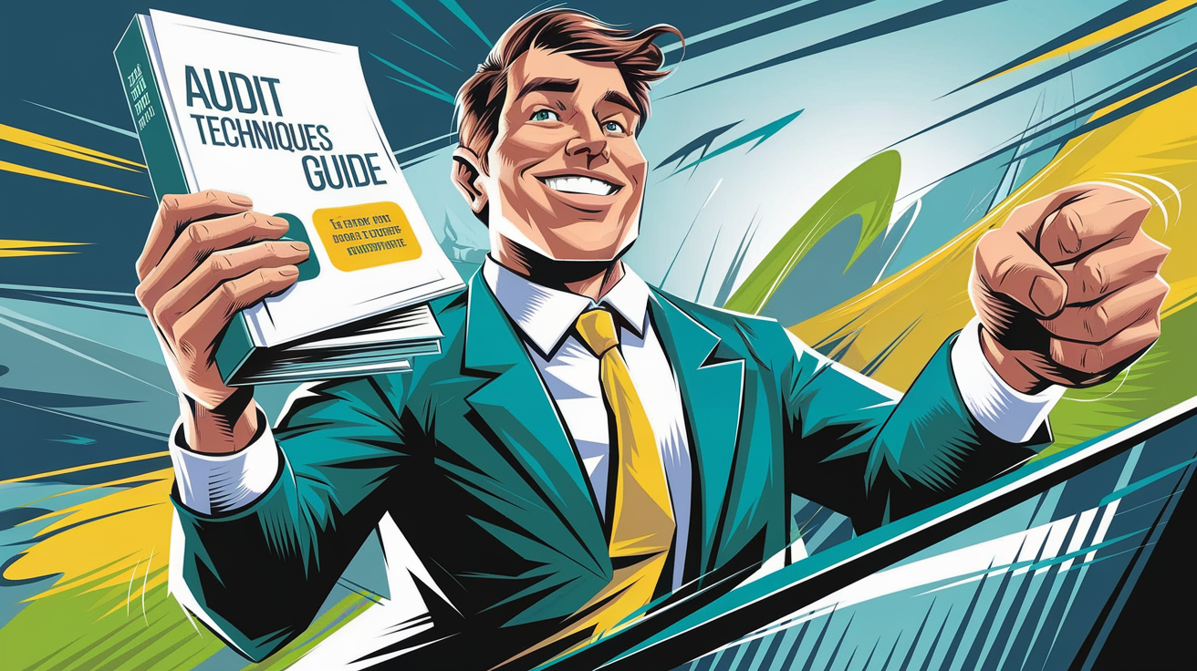 An advertising illustration of a smiling taxpayer confidently holding an "Audit Techniques Guide."