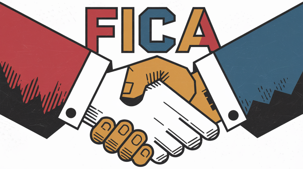 Block illustration of employer and employee shaking hands with FICA written above.