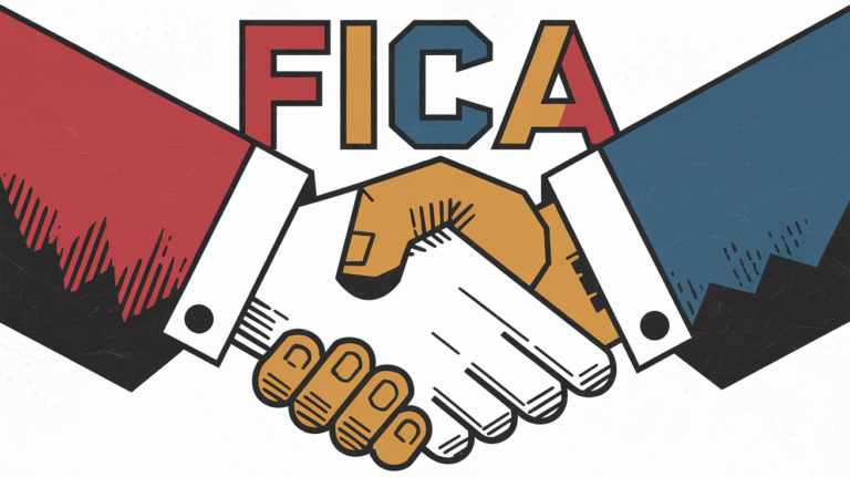 Block illustration of employer and employee shaking hands with FICA written above.