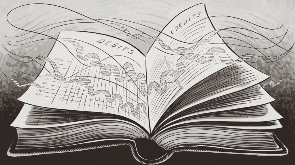 An open book with intricate ink drawings representing the flow of transactions in a general ledger.