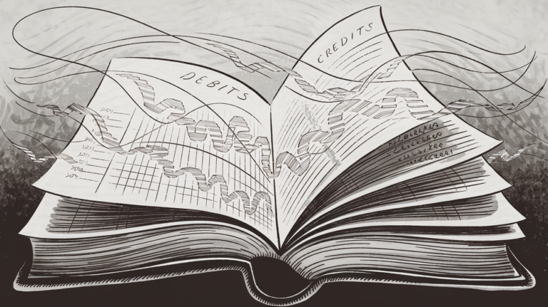 An open book with intricate ink drawings representing the flow of transactions in a general ledger.
