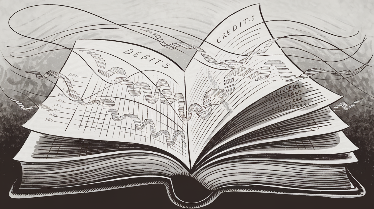 An open book with intricate ink drawings representing the flow of transactions in a general ledger.