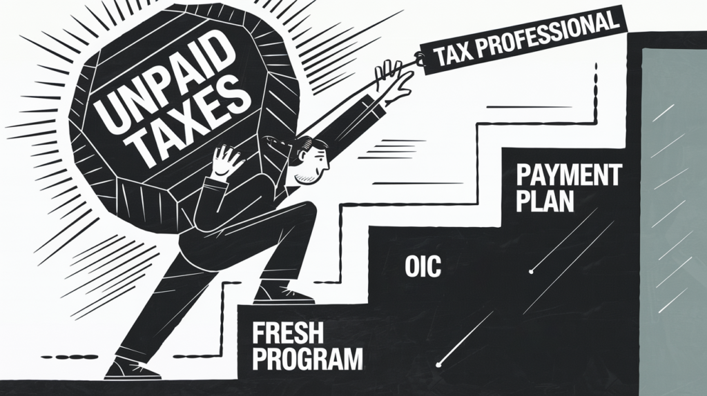 A person struggling to carry a heavy load of unpaid taxes up a staircase, reaching for help from a tax professional.
