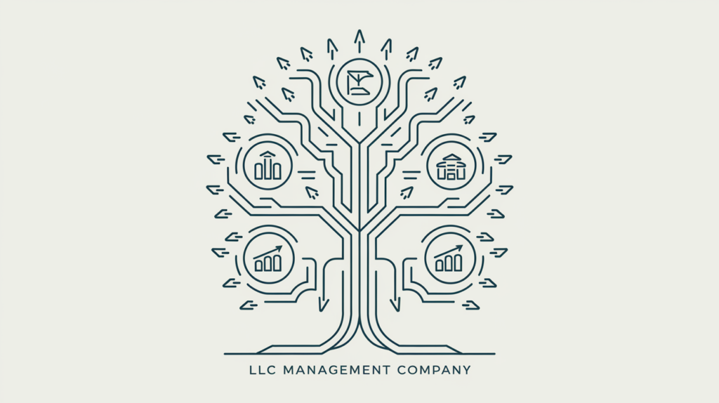 A stylized tree diagram in vector line art representing an LLC management company consolidating resources from multiple business entities.