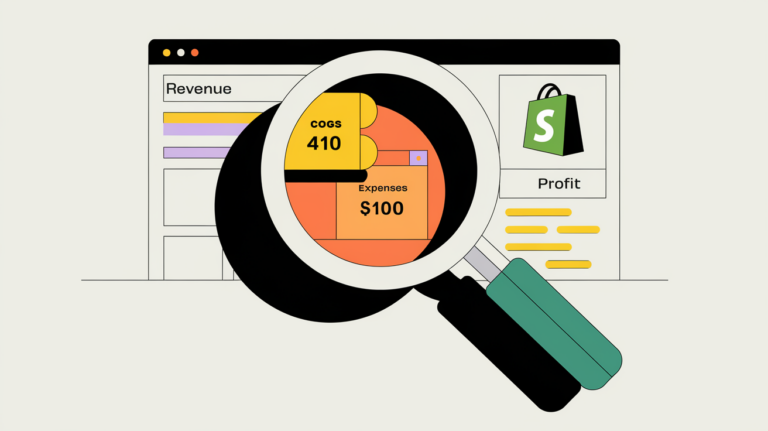 A magnifying glass examining financial data on a Shopify store interface.
