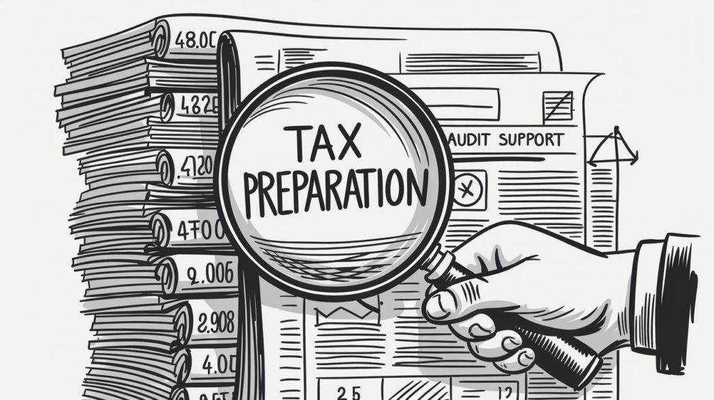 An ink illustration of a magnifying glass inspecting tax documents, highlighting the importance of audit support.