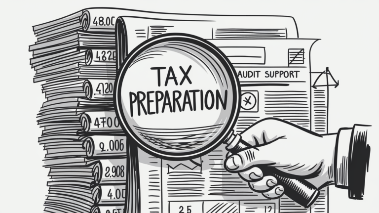 An ink illustration of a magnifying glass inspecting tax documents, highlighting the importance of audit support.