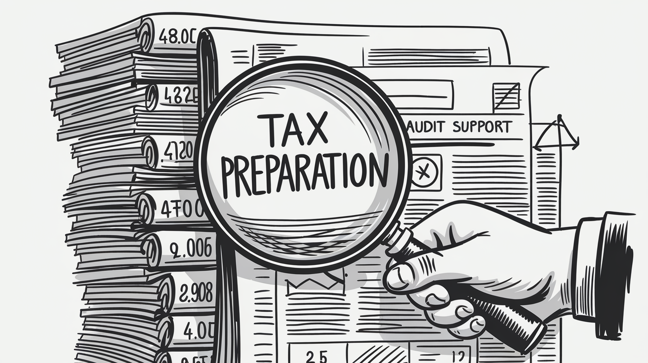 An ink illustration of a magnifying glass inspecting tax documents, highlighting the importance of audit support.