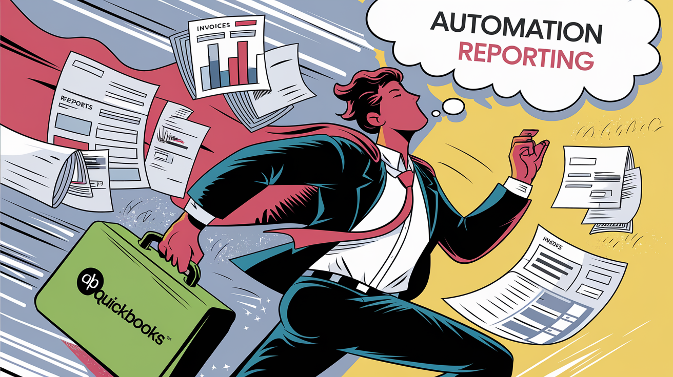 A stylized illustration of an accountant juggling financial documents.