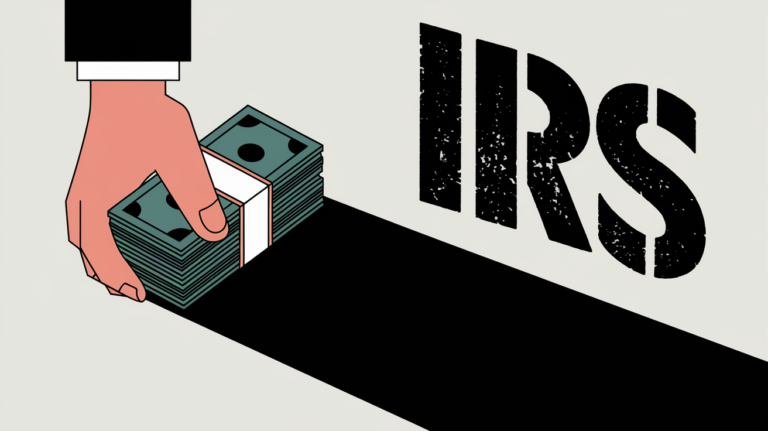 A hand holding cash with the shadow of the IRS logo looming large.