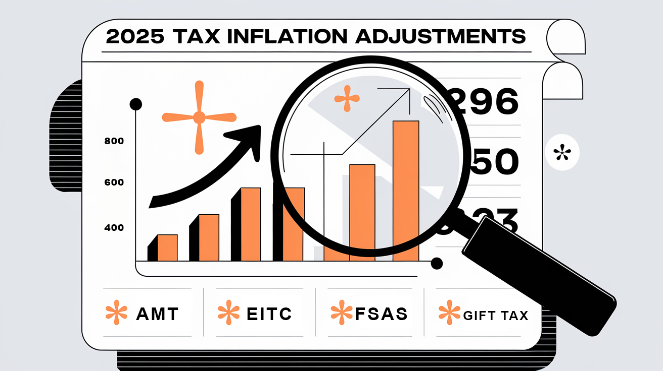 A graphic of a magnifying glass inspecting a document titled "2025 Tax Inflation Adjustments."