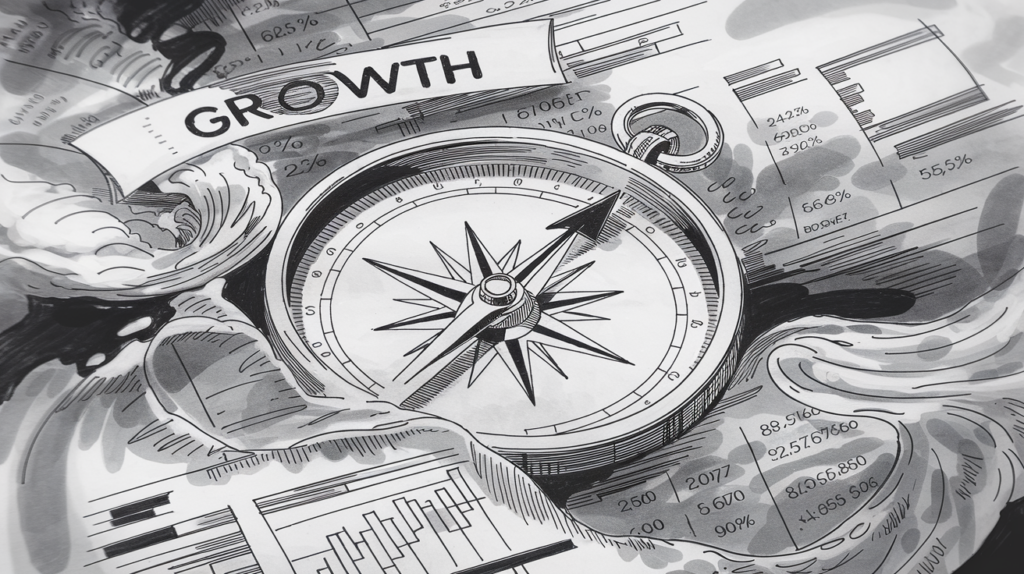 A compass pointing towards the word "Growth" surrounded by financial data.