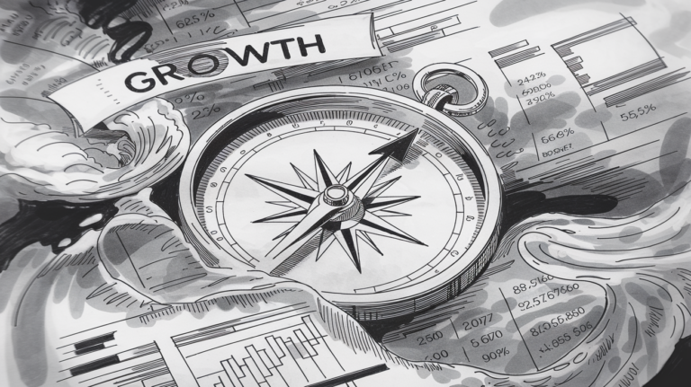 A compass pointing towards the word "Growth" surrounded by financial data.