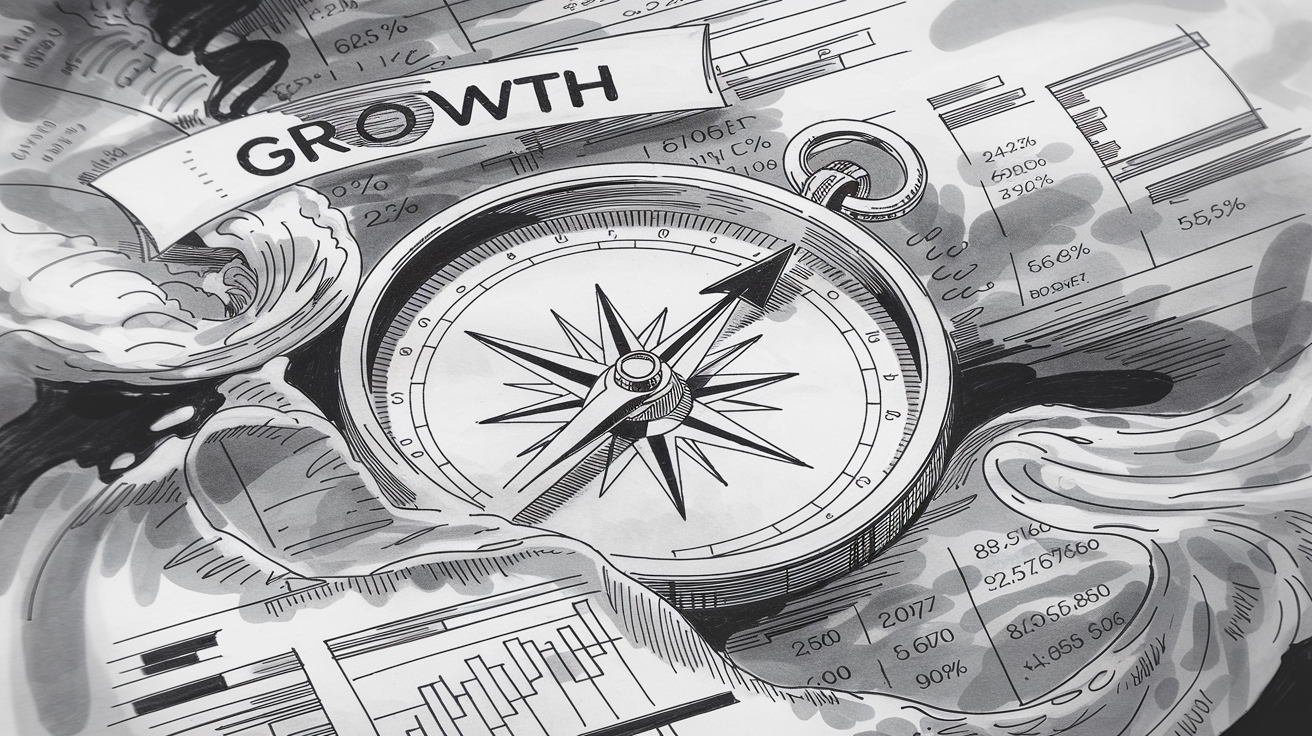 A compass pointing towards the word "Growth" surrounded by financial data.