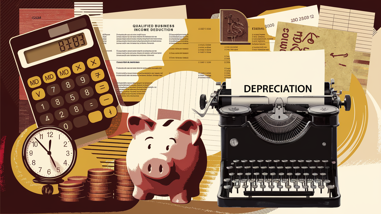 A collage illustration depicting various elements related to year-end tax planning, including a calculator, financial documents, a piggy bank, and a clock, with the keyword "Depreciation" incorporated.