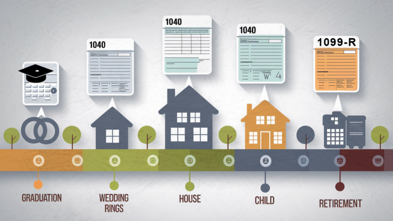 A stylized timeline of life with tax forms emerging from key milestones.