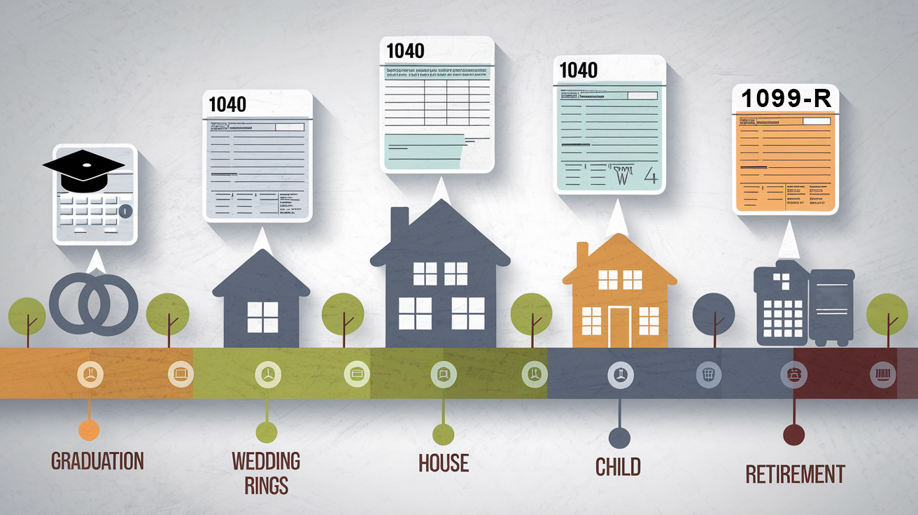A stylized timeline of life with tax forms emerging from key milestones.