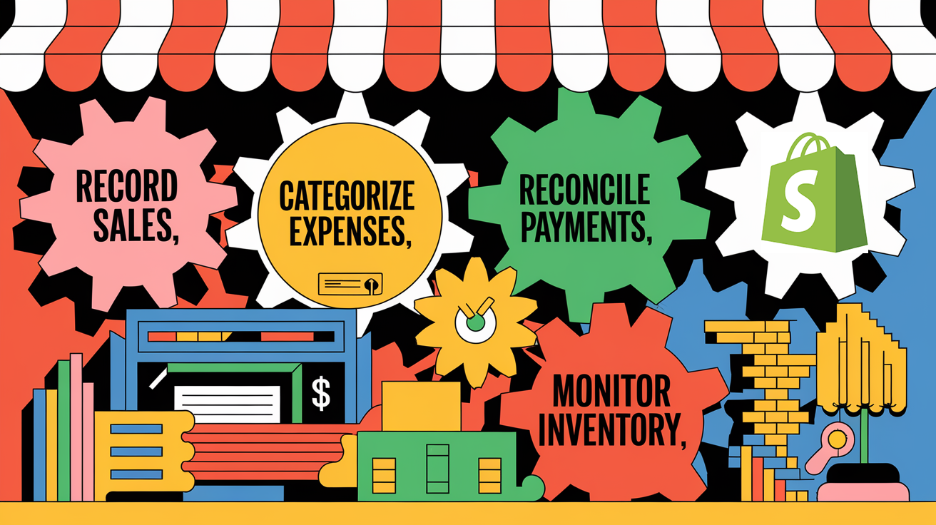 A stylized image depicting a Shopify store as a machine with interconnected gears, representing various bookkeeping tasks.