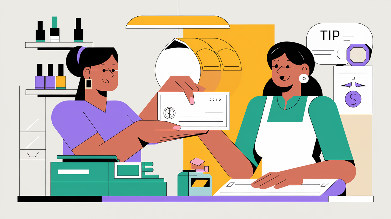 A graphic illustration of a nail technician giving an employee a paycheck.